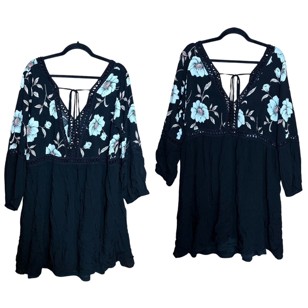 Clothing Obsessed Company Boho Floral Cutout Long Sleeve Low Cut Mini Dress 2X